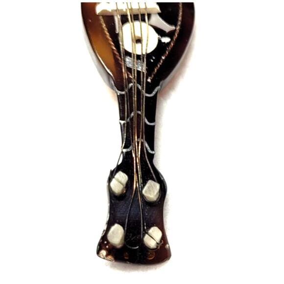 Vtg Celluloid Mandolin Brooch Faux Inlay Oriental Style Brown Tortoiseshell Look - Picture 4 of 8